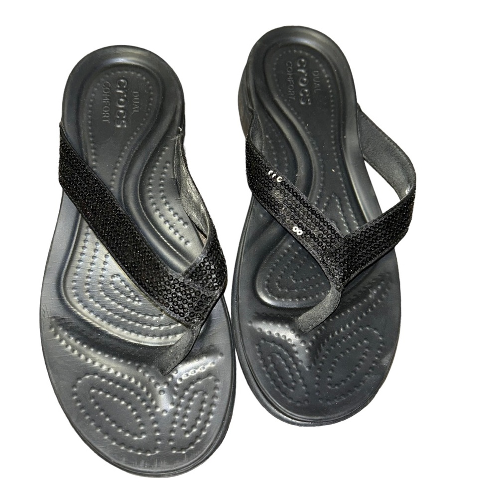 Crocs Women's Capri V Black Sequin Flip Flop Sandals … Gem